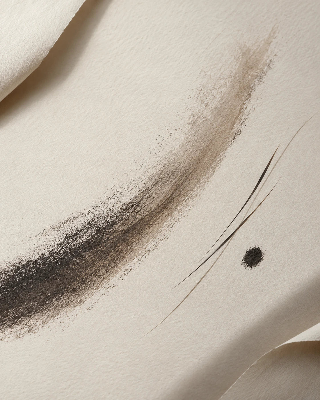 Abstract powdery curves and fine ink lines on folded artists paper