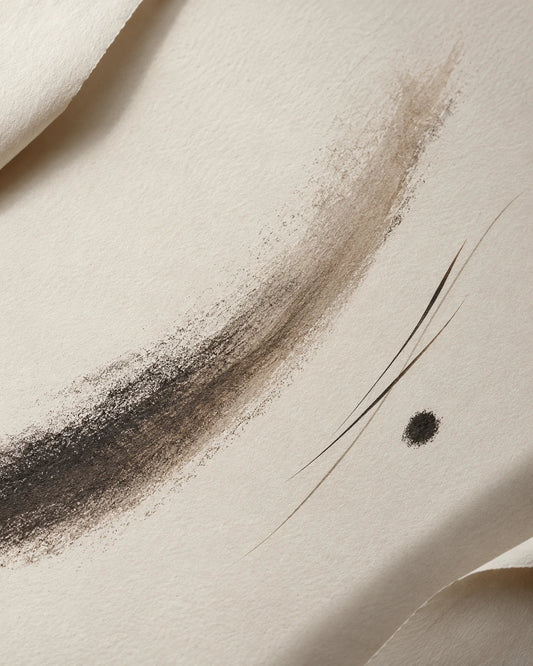 Abstract powdery curves and fine ink lines on folded artists paper