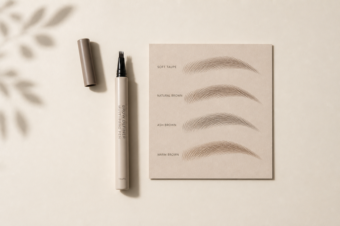 Multi-prong brow pen next to a card of four hair-stroke swatches in taupe and brown shades