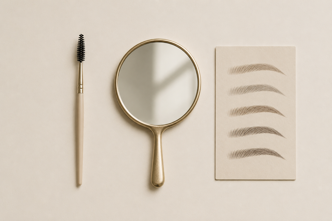 Hand mirror above a card of four drawn brow strokes with a spoolie brush