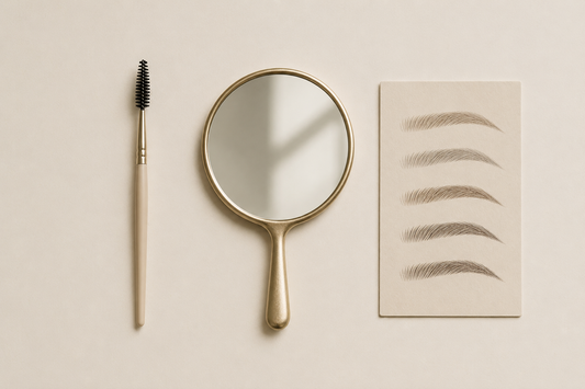 Hand mirror above a card of four drawn brow strokes with a spoolie brush
