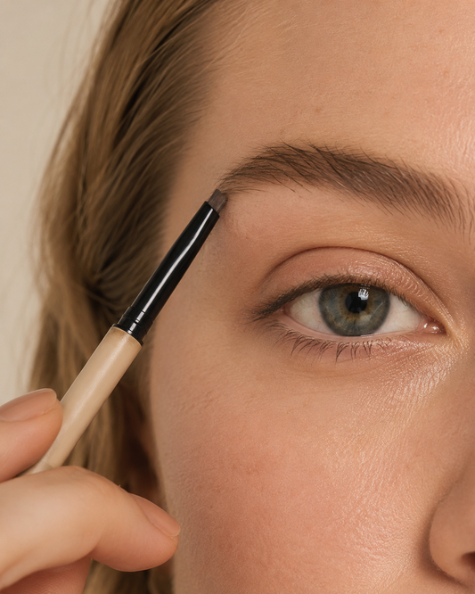 Close-up of an angled brow pencil tip filling the front of a light brown brow