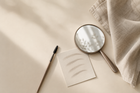 Hand mirror, brow pencil and spoolie brush laid out on a beige surface