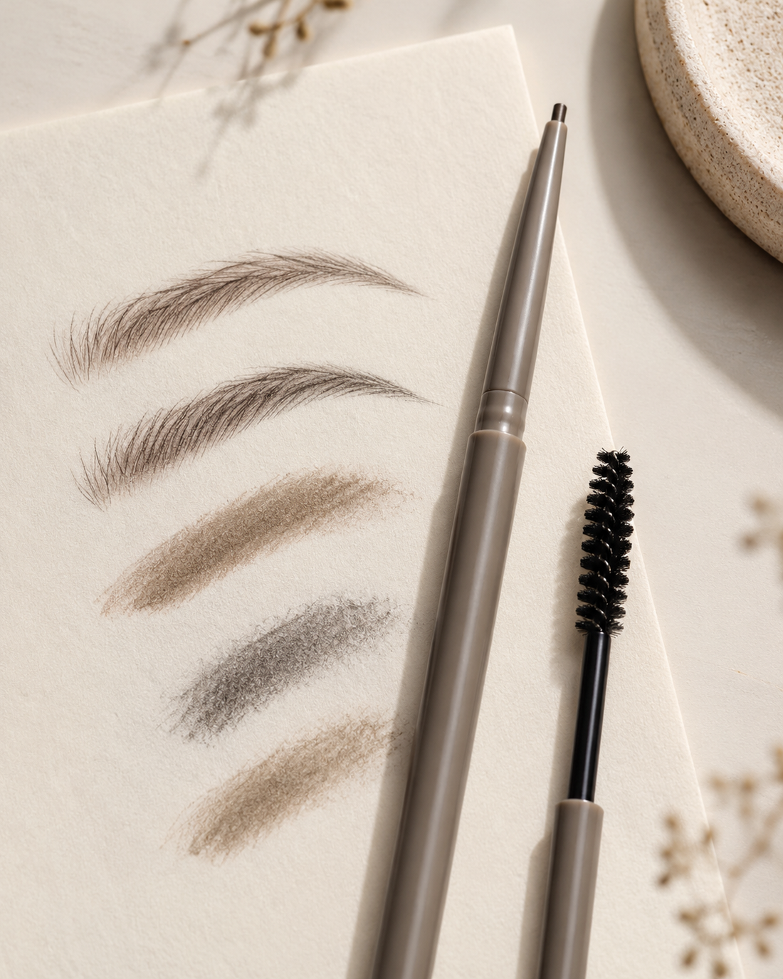 Brow stroke swatches in four shades beside a brow pencil and spoolie