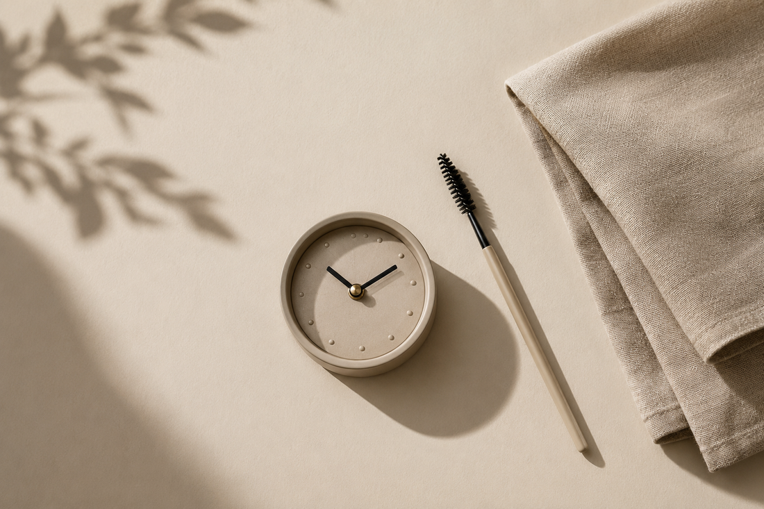 Spoolie brush beside a small beige clock on a linen cloth