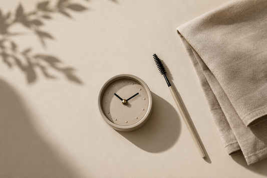 Spoolie brush beside a small beige clock on a linen cloth
