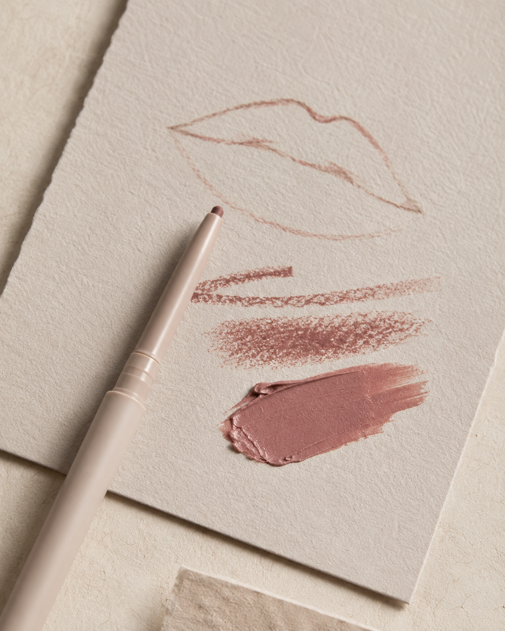 Lip liner pencil with a lip sketch and rosy swatches on paper