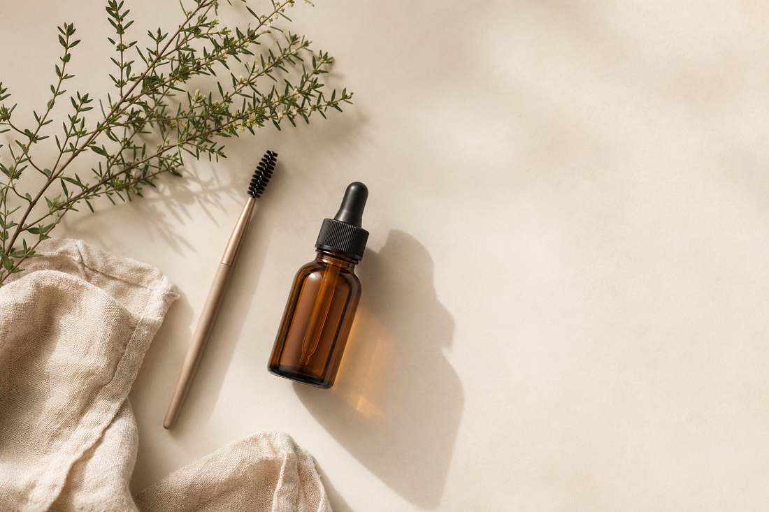 Brow serum dropper bottle with spoolie brush and dried botanicals
