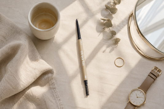 Brow pencil flat lay with espresso, eucalyptus, mirror and watch in morning light