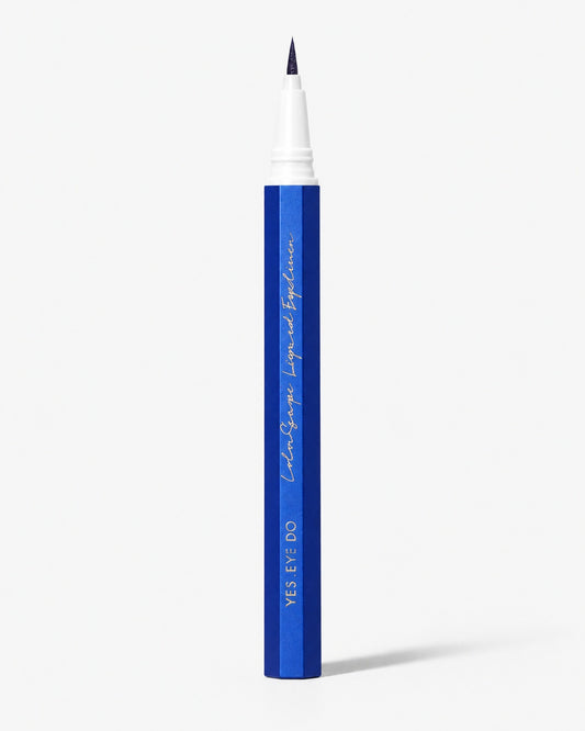 Cobalt blue fine-tip liquid eyeliner pen standing upright