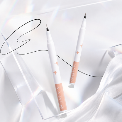 Tip size infographic: two white brow pens with ultra fine 2 mm and 1-2 mm felt tips shown in close-up