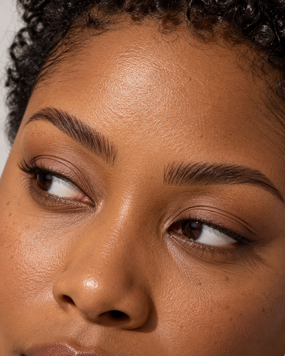Close-up look with feathered, textured brows