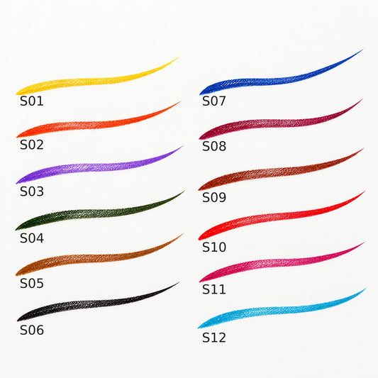 Colored liquid eyeliner swatch strokes in twelve shades, labeled S01 through S12