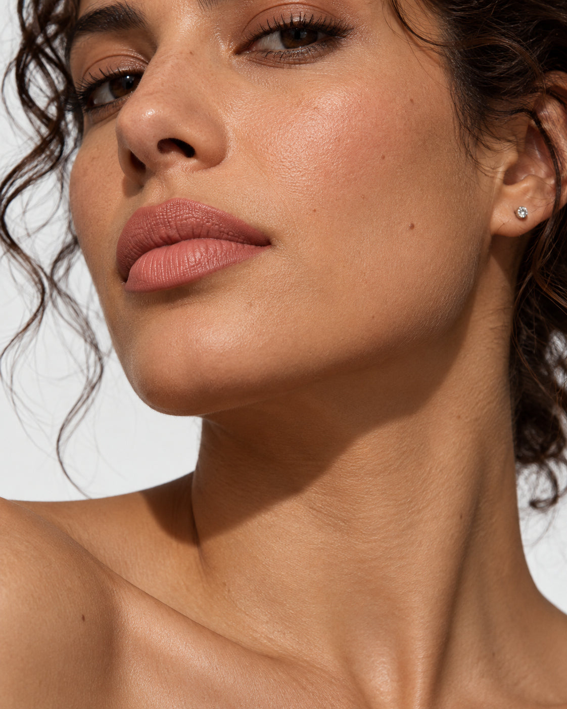 Close-up look with a nude rose lip liner and matching lipstick