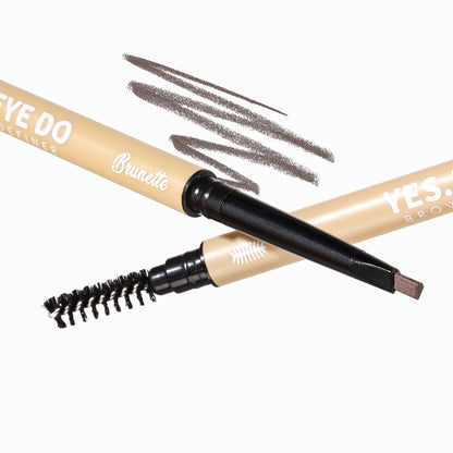 Two crossed Micro Brow Pencils in Brunette showing the spoolie brush end and fine tip with a brown swatch stroke