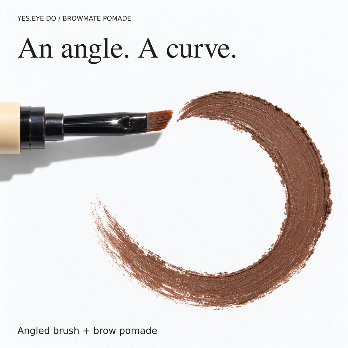 2-in-1 Brow Pomade Pen angled brush beside a curved brown pomade swatch