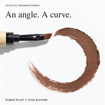 2-in-1 Brow Pomade Pen angled brush beside a curved brown pomade swatch