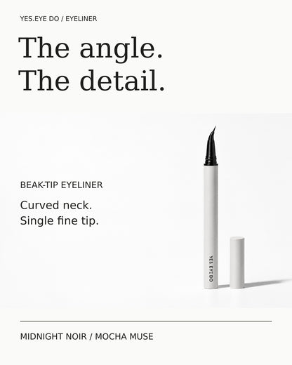 Beak-tip angled eyeliner with curved neck and single fine tip, shown in Midnight Noir and Mocha Muse