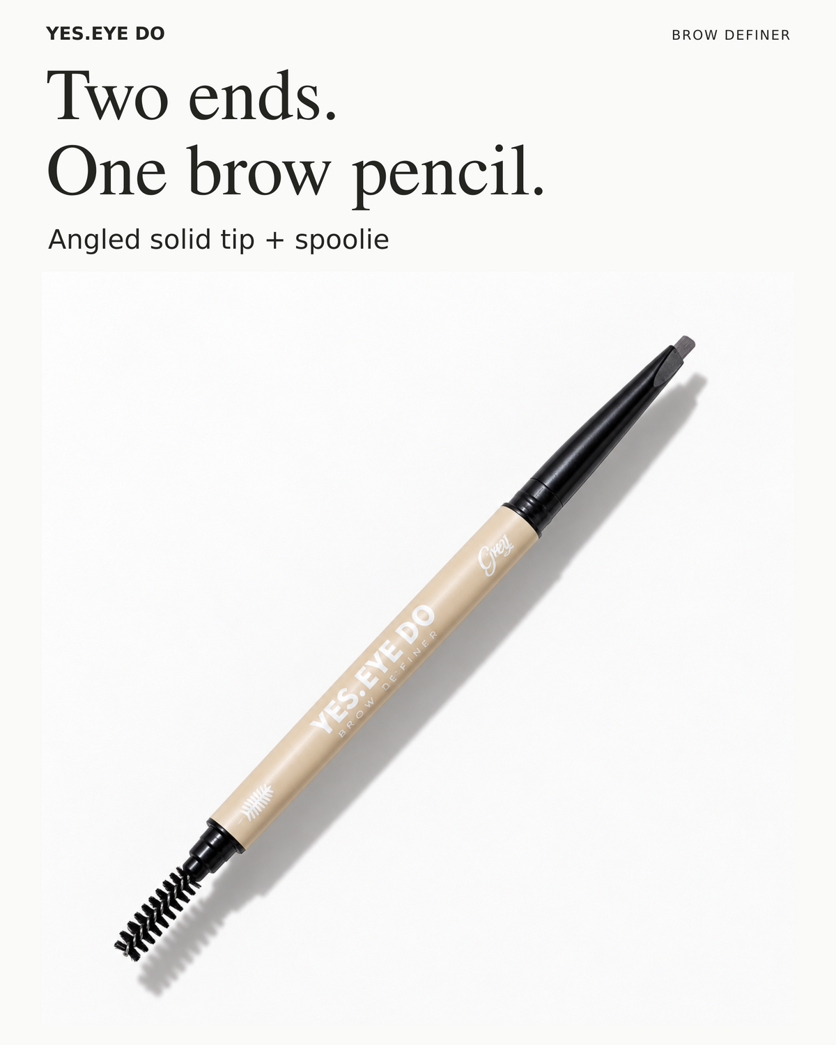 Micro Brow Pencil with an angled solid tip on one end and a spoolie on the other