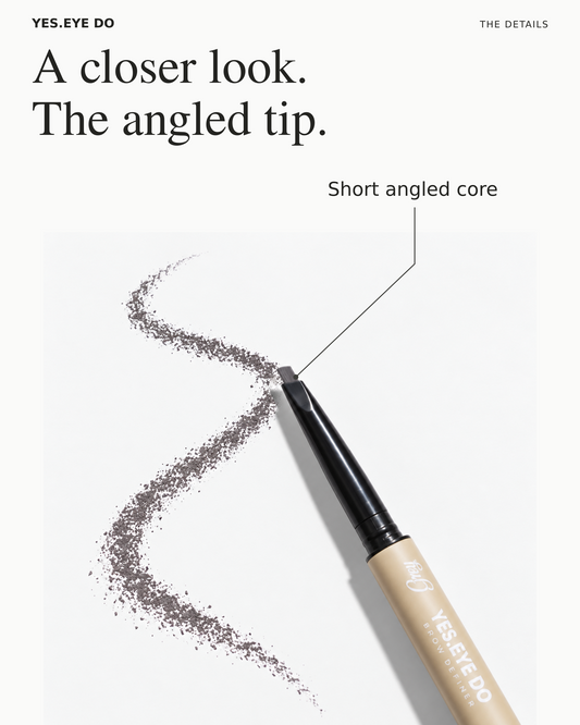 Micro Brow Pencil angled tip drawing a soft grey swatch, showing the short angled core