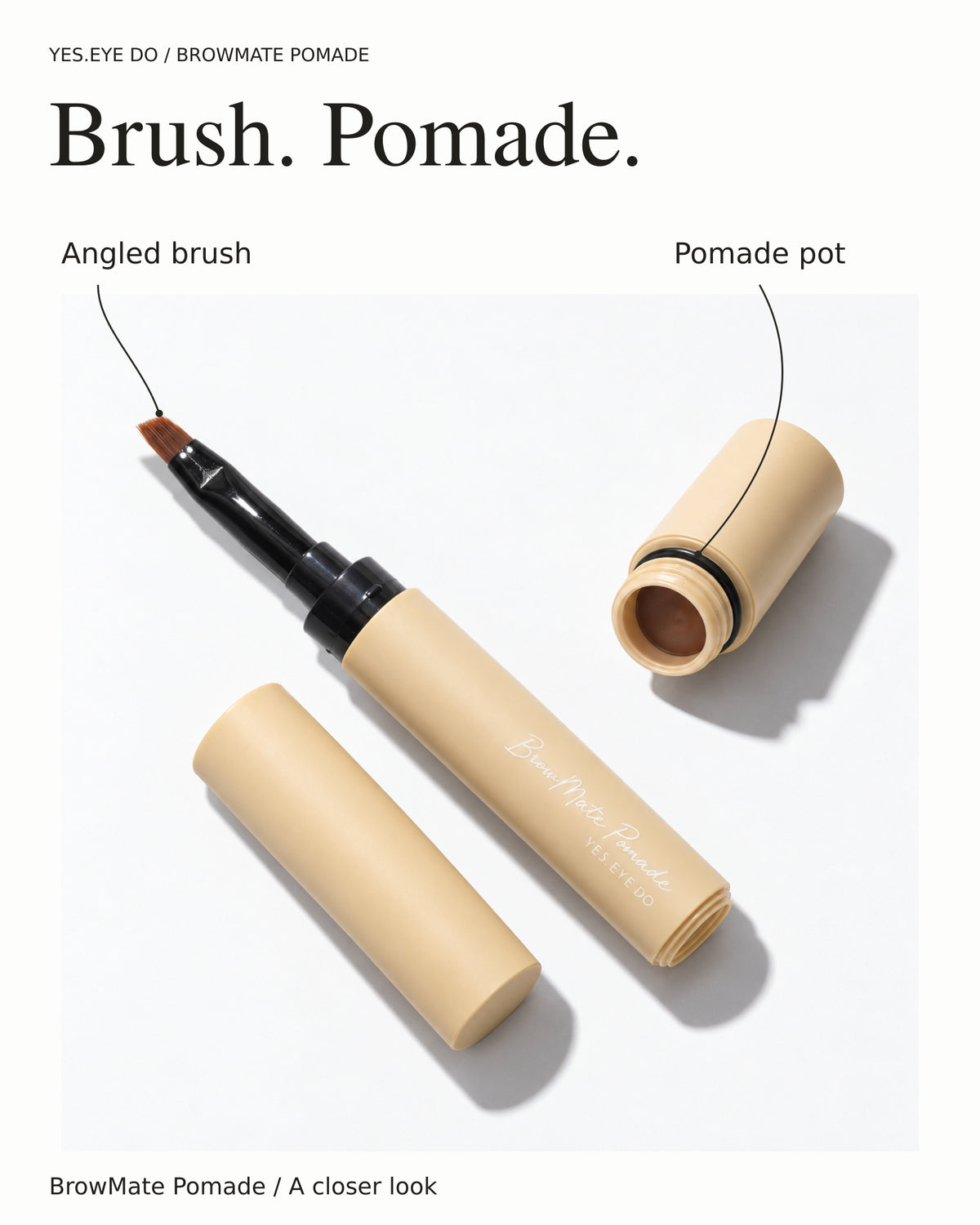 2-in-1 Brow Pomade Pen opened to show the angled brush and the pomade pot