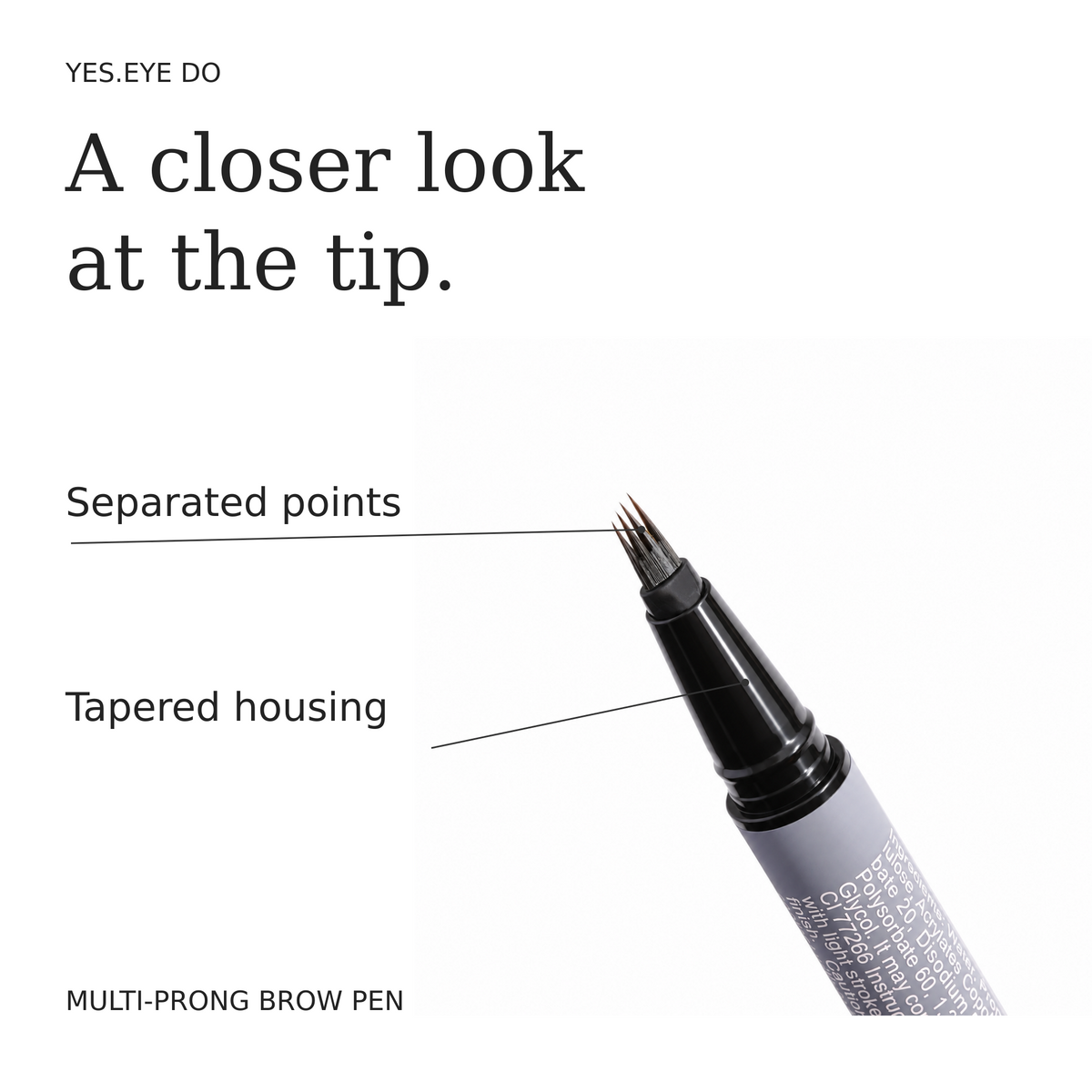 Diagram of the 4-Prong Brow Pen tip showing separated points and the tapered housing