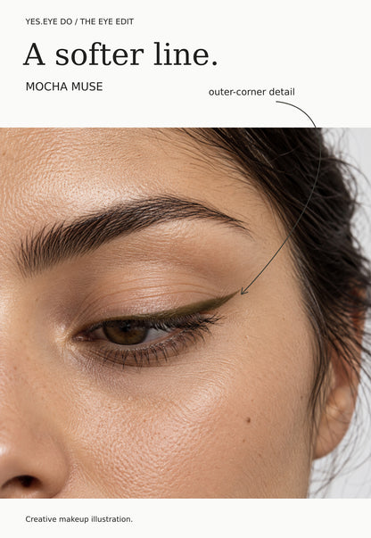 Creative makeup illustration of a soft outer-corner eyeliner line labeled Mocha Muse