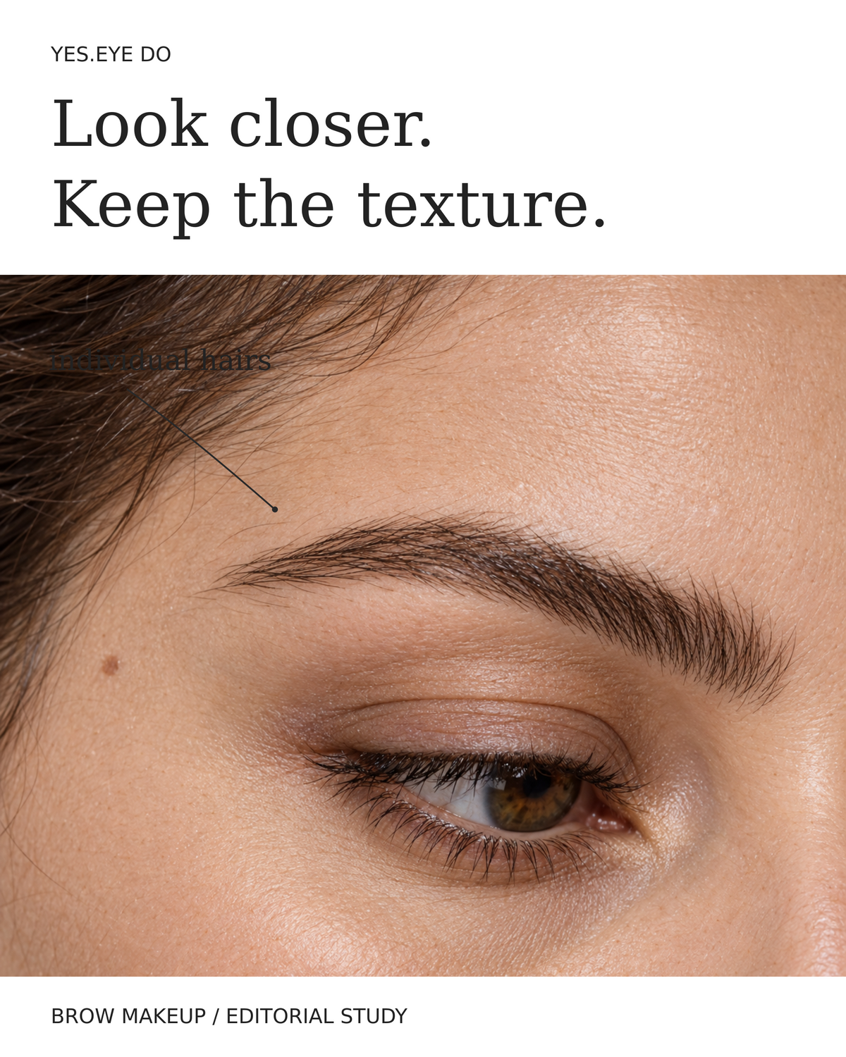 Editorial close-up of a brow with visible individual hairs and natural texture
