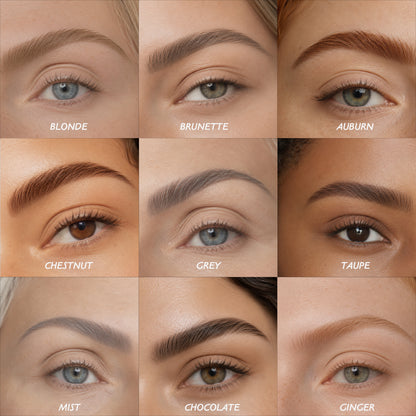 Feature infographic for the dual-ended brow pencil: longwear, retractable, smudge-proof and vegan