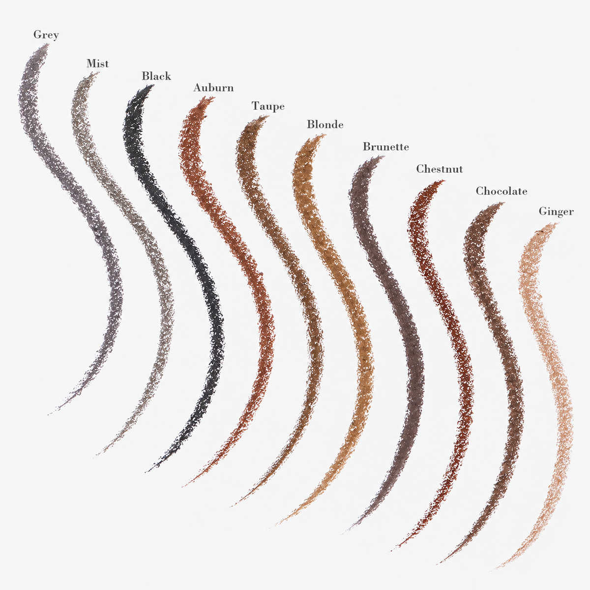 Micro Brow Pencil swatches in ten shades: Grey, Mist, Black, Auburn, Taupe, Blonde, Brunette, Chestnut, Chocolate and Ginger