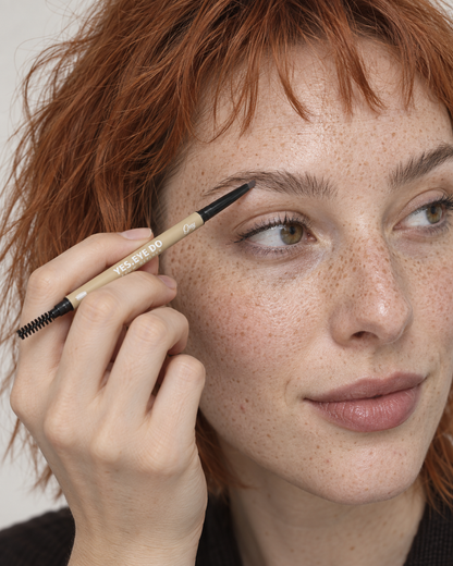 Redhead model filling her brow with the Grey micro brow pencil