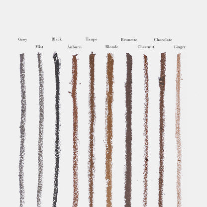 Labeled swatch chart of ten Micro Brow Pencil shades: Grey, Mist, Black, Auburn, Taupe, Blonde, Brunette, Chestnut, Chocolate and Ginger