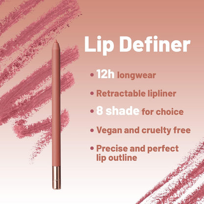 Creamy retractable lip liner pencil with eight cream swatches from pink to plum behind it