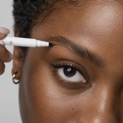 Person with deep brown skin filling in the eyebrow with the YES.EYE DO Micro Precision Brow Pen, fine felt tip visible