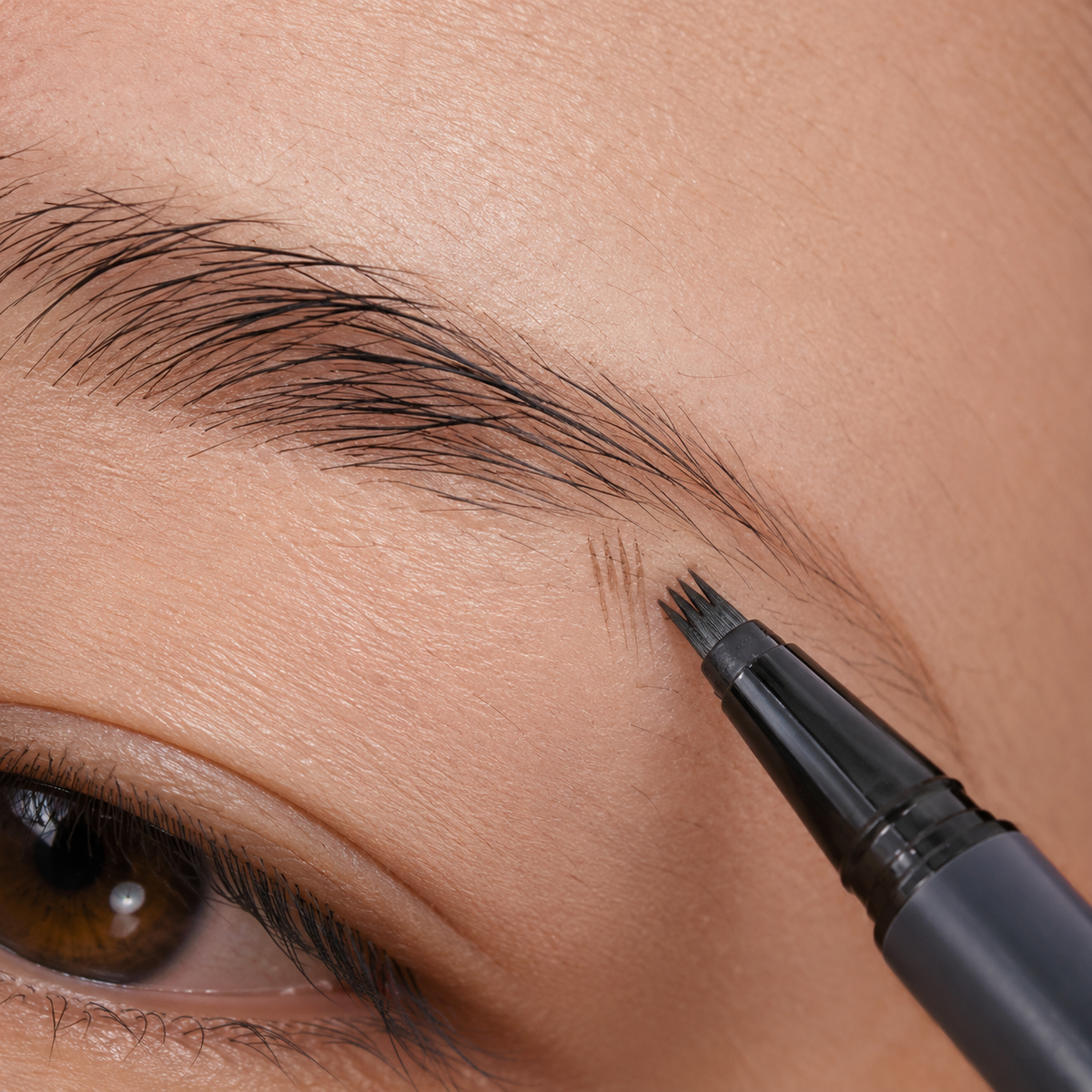 Four-prong brow pen drawing four fine hair-like strokes along the brow at once