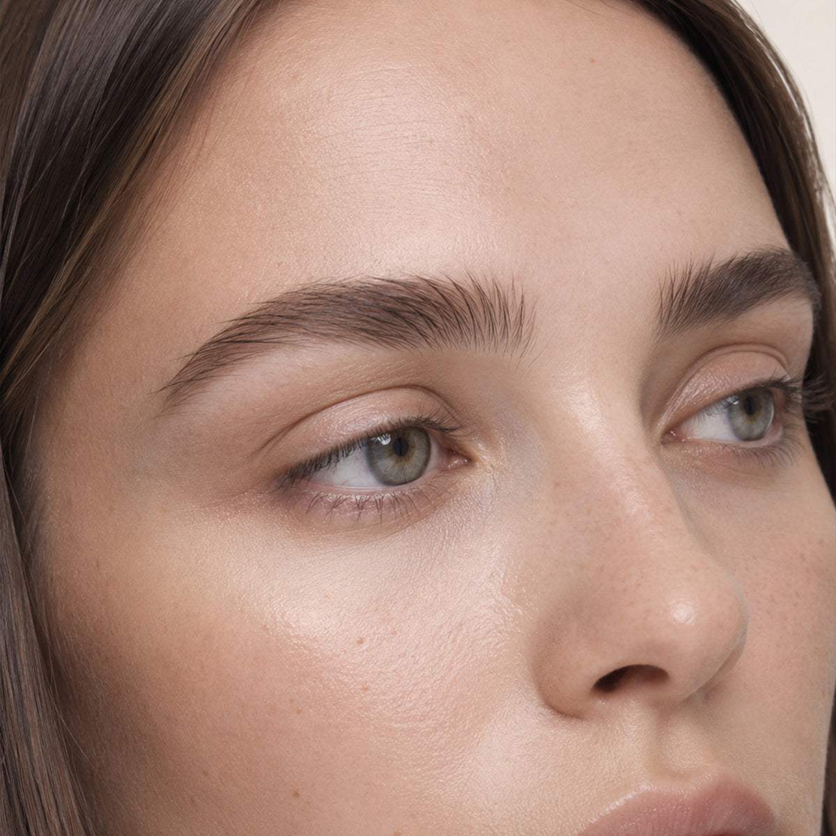 Model with full arched dark-brown pomade brows
