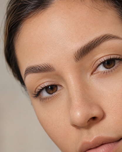 How-to infographic: the white fine-tip brow pen draws 1-2 mm strokes, 0.06 oz / 1.8 ml size